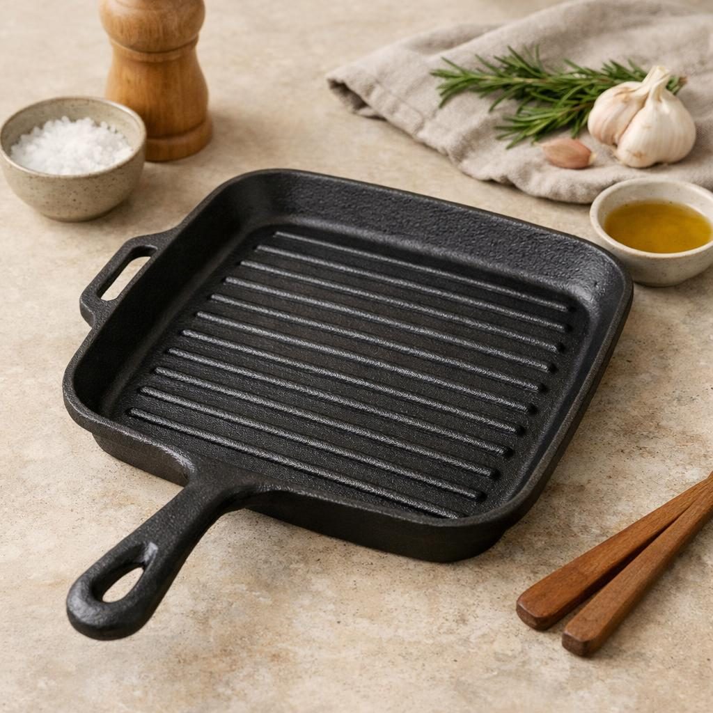 Gietijzeren grillpan zonder coating: plastic-vrij alternatief in Pannen